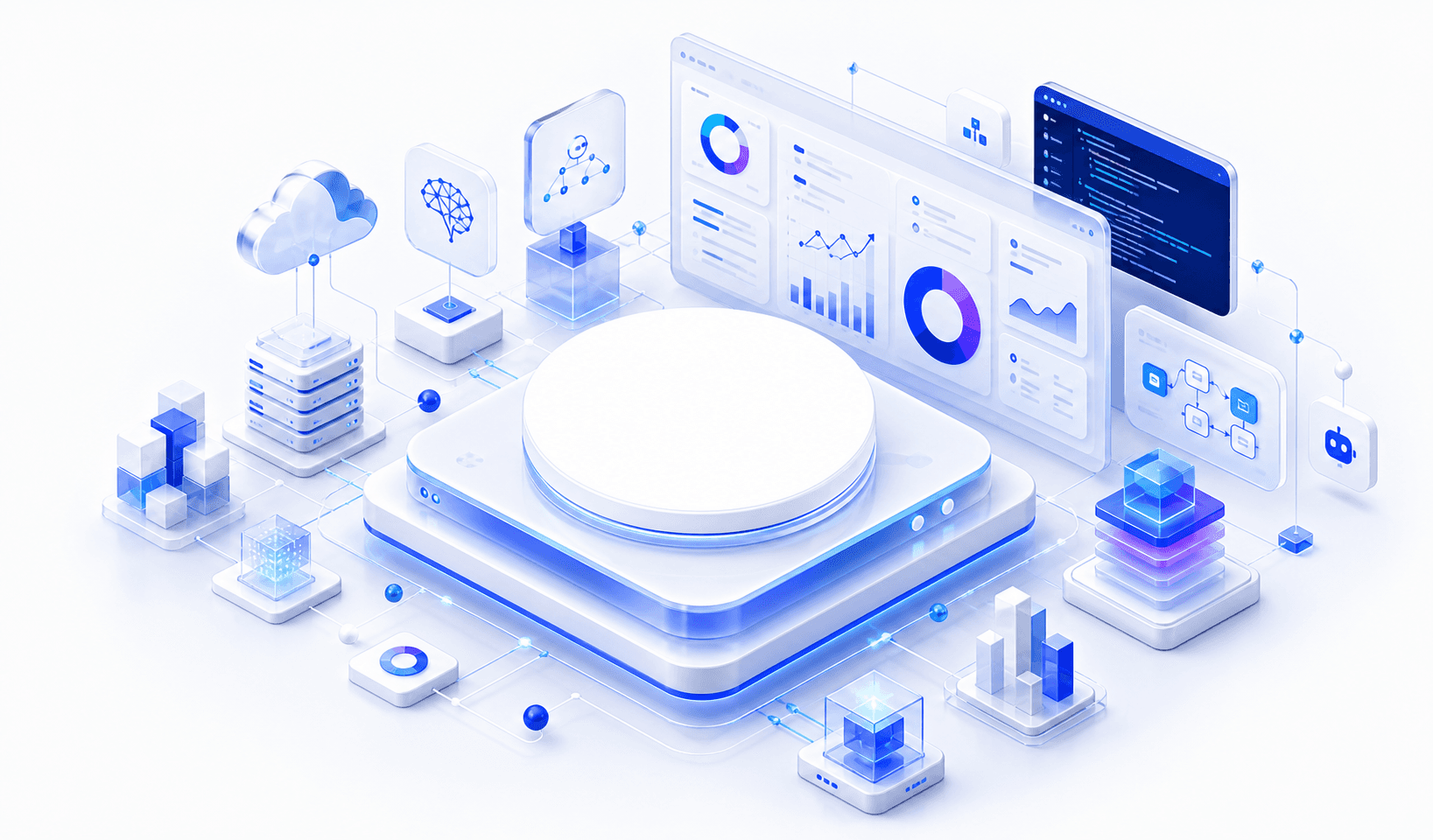 AI product engineering ecosystem with analytics, cloud, automation, and software dashboards