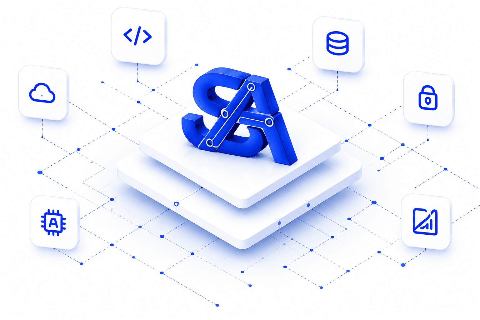 Technology stack illustration showing cloud, code, database, AI, and security nodes